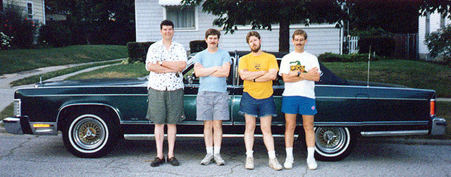 Rick, Mike, John & Joe in front of Rick's 1977 Lincoln Town Car mid 80's