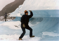 November 1985 Mike holding up Portage Glacier doing his best against global warming.
